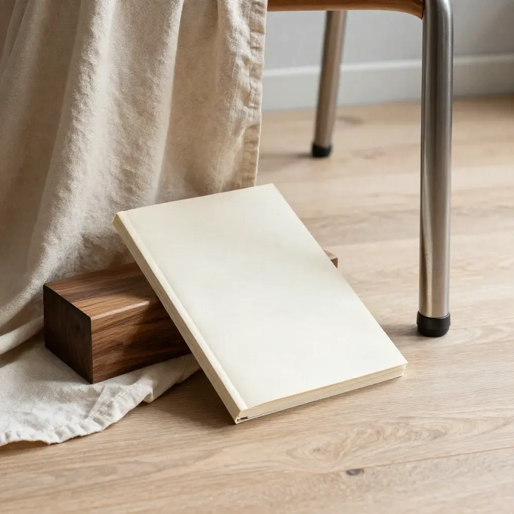 Top-down linen-draped guide pack beside walnut block and brushed steel chair leg.