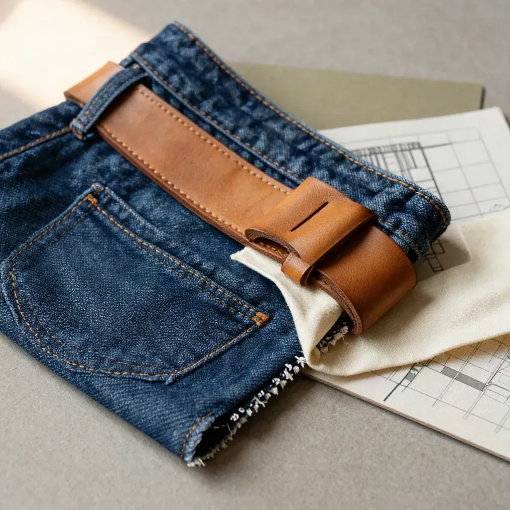 Macro denim hem, worn leather loop and cotton fold on a slate chart card.