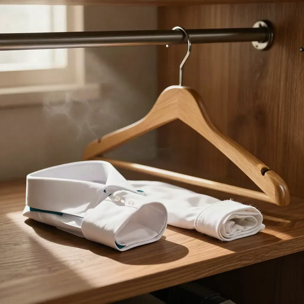 Tall sleeve guide pack beside a shirt cuff, hanger, and folded sleeve roll on a walnut shelf.