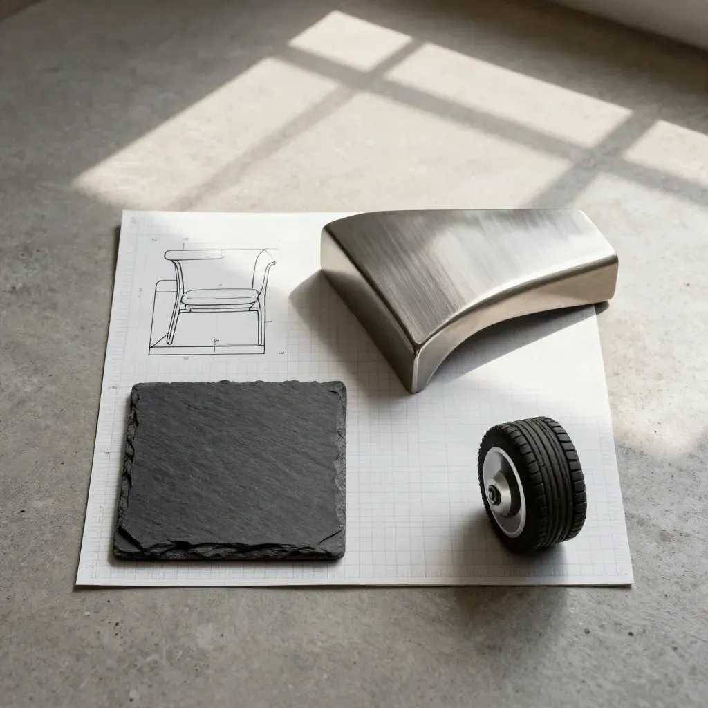 Overhead flatlay of a chair setup cheat sheet with seat cushion, armrest sample, and chair wheel.
